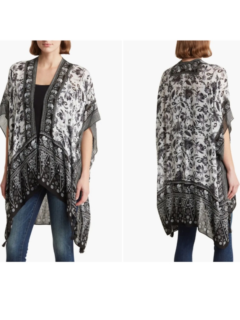Lucky Brand Boho Floral Tassel Trim Ruana Kimono‎ Wrap Shawl Blue/white Size OS